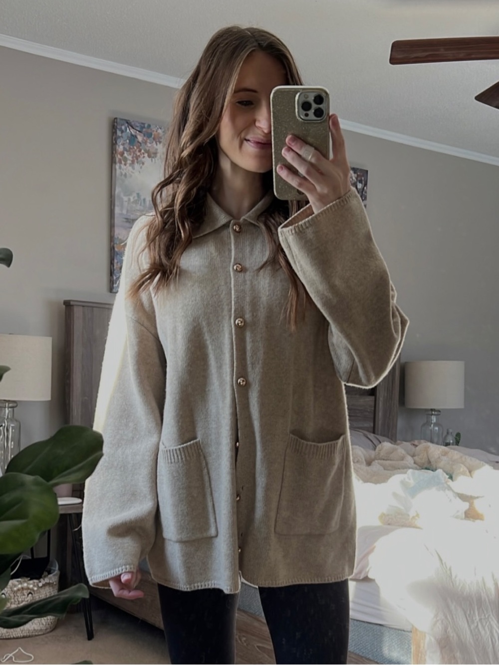 Reformation Beige Button-Front Knit Cardigan